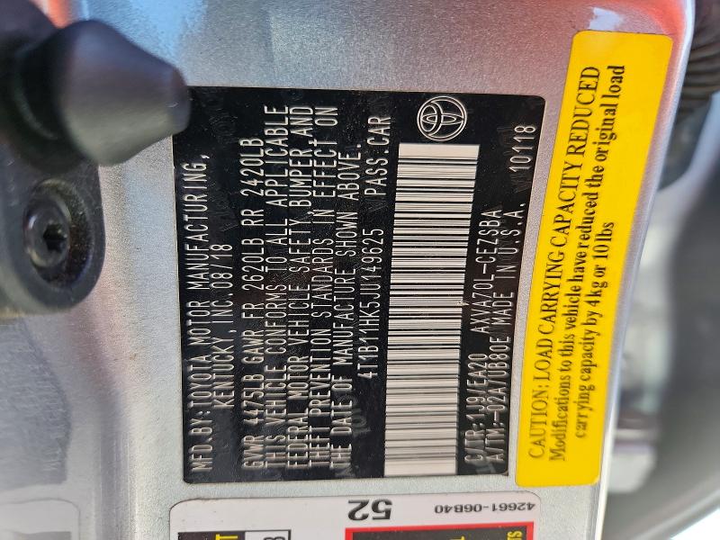 2018 Toyota Camry მანქანა იყიდება აუქციონზე, vin: 4T1B11HK5JU149625, აუქციონის ნომერი: 67164366