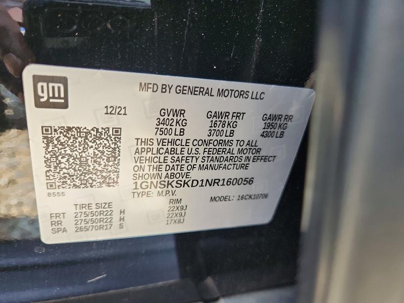 Продаж на аукціоні авто 2022 Chevrolet Tahoe, vin: 1GNSKSKD1NR160056, номер лоту: 63326346