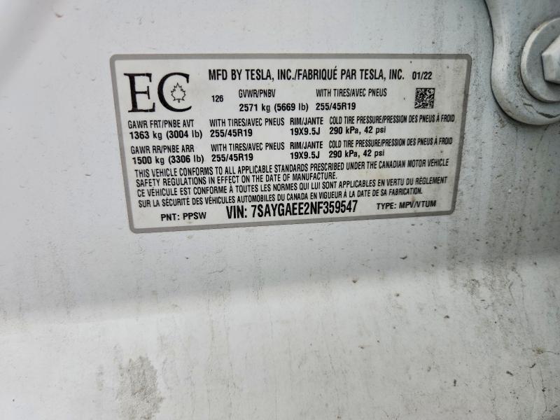 Продажа на аукционе авто 2022 Tesla Model Y, vin: 7SAYGAEE2NF359547, номер лота: 64721896
