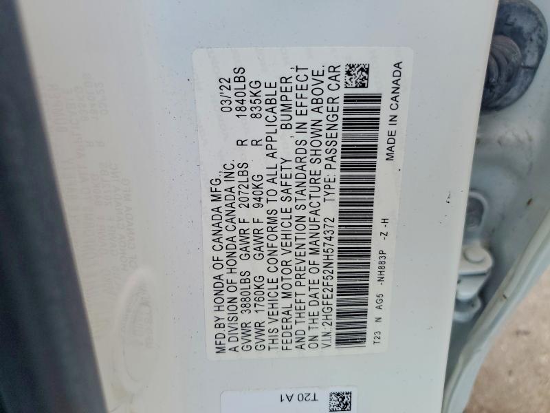 Продажа на аукционе авто 2022 Honda Civic, vin: 2HGFE2F52NH574372, номер лота: 64538686