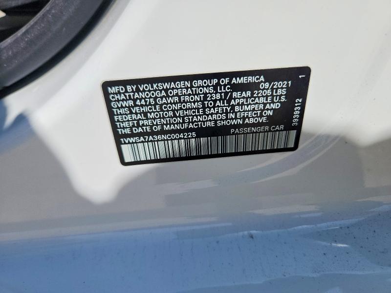 2022 Volkswagen Passat მანქანა იყიდება აუქციონზე, vin: 1VWSA7A36NC004225, აუქციონის ნომერი: 65196386