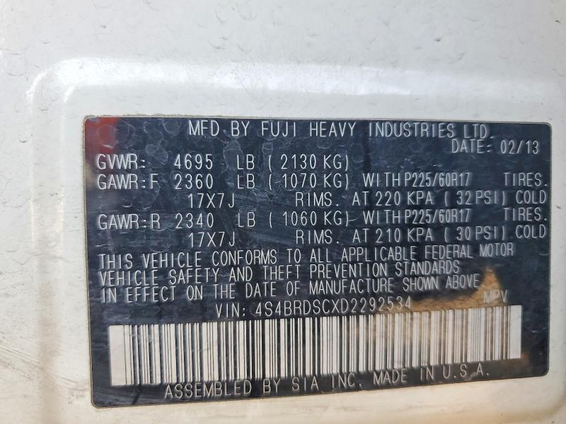 63242716 :رقم المزاد ، 4S4BRDSCXD2292534 vin ، 2013 Subaru Outback مزاد بيع