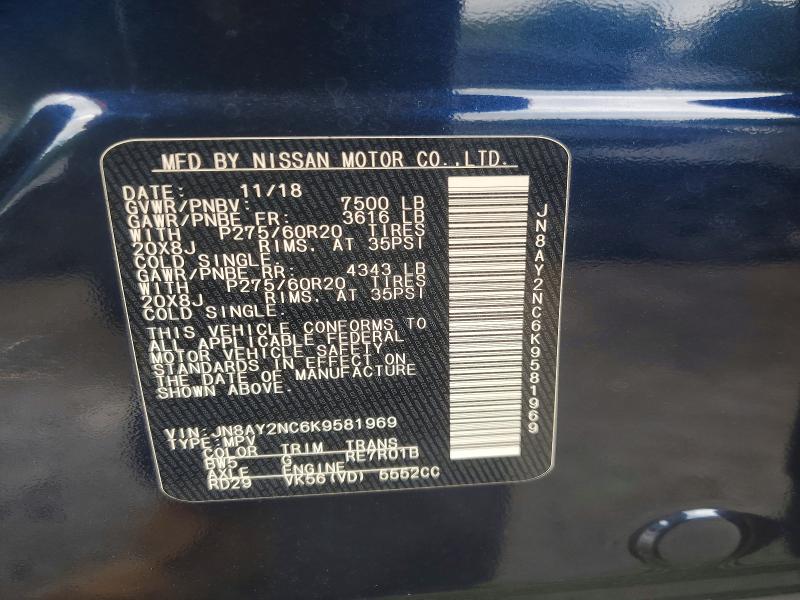 2019 Nissan Armada მანქანა იყიდება აუქციონზე, vin: JN8AY2NC6K9581969, აუქციონის ნომერი: 64060386
