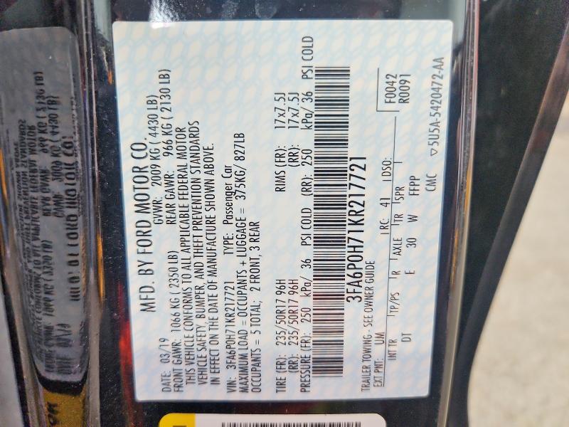 Продаж на аукціоні авто 2019 Ford Fusion, vin: 3FA6P0H71KR217721, номер лоту: 63365936