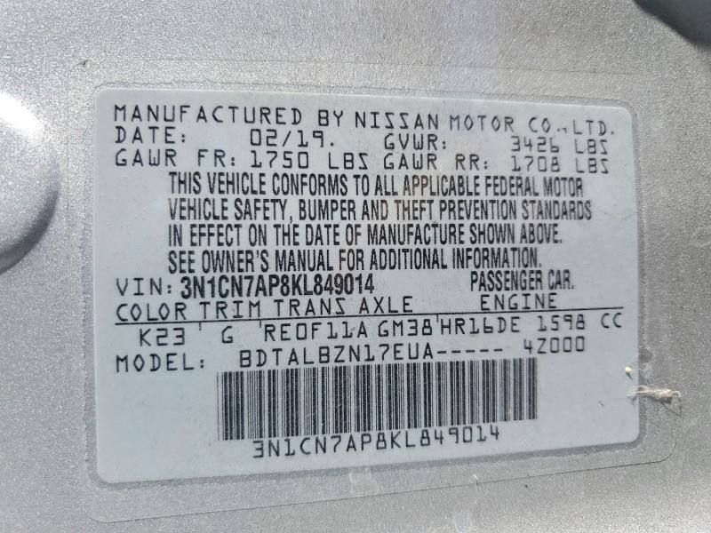 Aukcja sprzedaży 2019 Nissan Versa, vin: 3N1CN7AP8KL849014, numer aukcji: 64539986