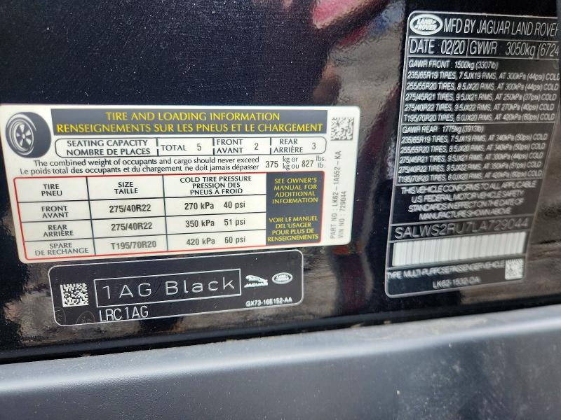 63940446 :رقم المزاد ، SALWS2RU7LA729044 vin ، 2020 Land Rover Range Rover Sport مزاد بيع