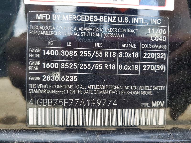 2007 Mercedes-benz Ml მანქანა იყიდება აუქციონზე, vin: 4JGBB75E77A199774, აუქციონის ნომერი: 66063366