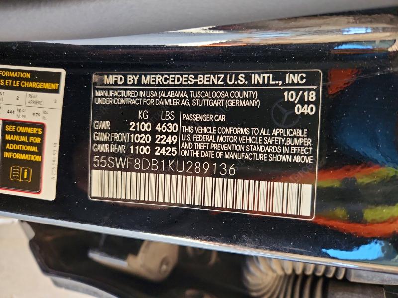 2019 Mercedes-benz C მანქანა იყიდება აუქციონზე, vin: 55SWF8DB1KU289136, აუქციონის ნომერი: 66387046