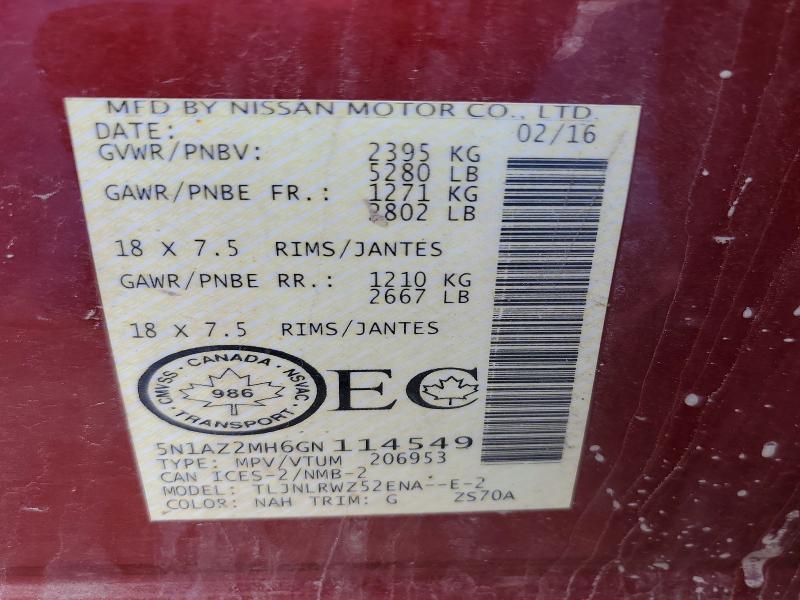 64282966 :رقم المزاد ، 5N1AZ2MH6GN114549 vin ، 2016 Nissan Murano مزاد بيع