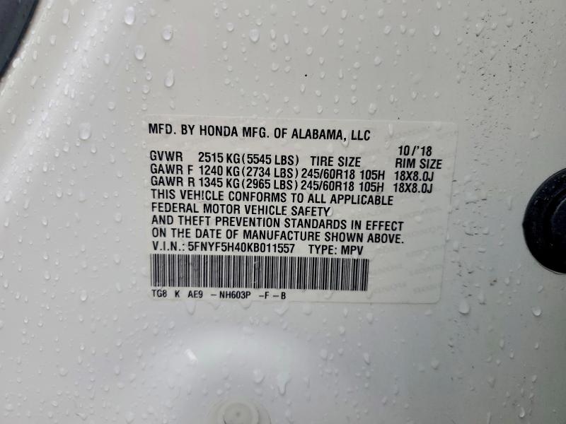 Auction sale of the 2019 Honda Pilot, vin: 5FNYF5H40KB011557, lot number: 64554996