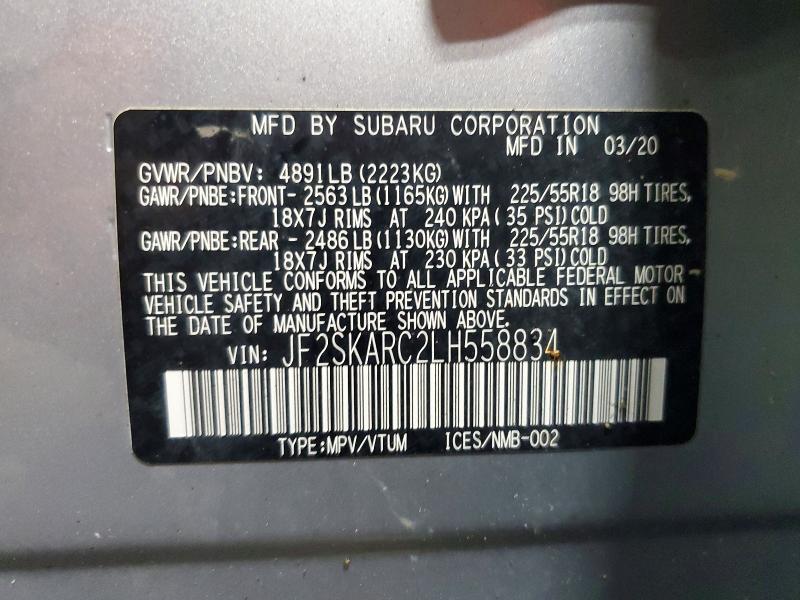 2020 Subaru Forester მანქანა იყიდება აუქციონზე, vin: JF2SKARC2LH558834, აუქციონის ნომერი: 63861586