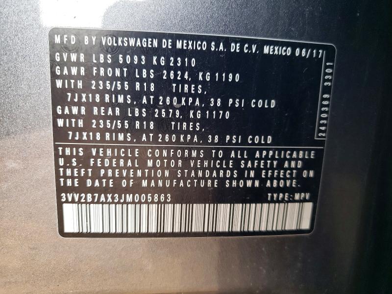 Aukcja sprzedaży 2018 Volkswagen Tiguan, vin: 3VV2B7AX3JM005863, numer aukcji: 64255986