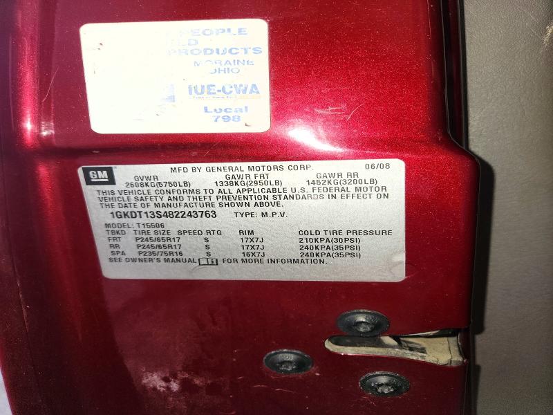 Aukcja sprzedaży 2008 Gmc Envoy, vin: 1GKDT13S482243763, numer aukcji: 65492956