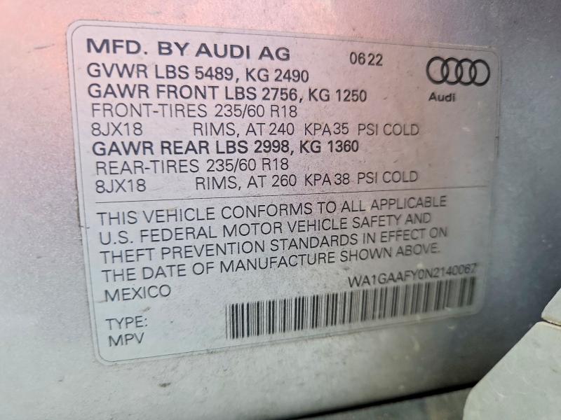 2022 Audi Q5 მანქანა იყიდება აუქციონზე, vin: WA1GAAFY0N2140067, აუქციონის ნომერი: 67303066