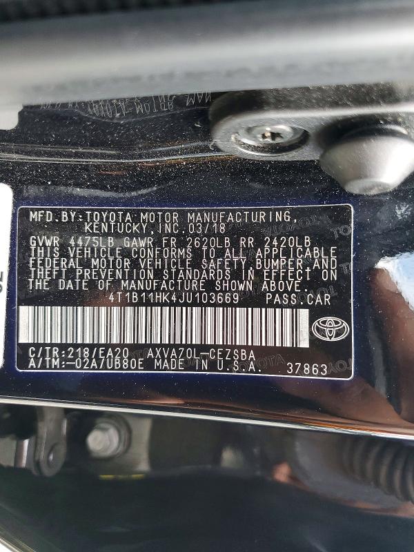Продажа на аукционе авто 2018 Toyota Camry, vin: 4T1B11HK4JU103669, номер лота: 64271106