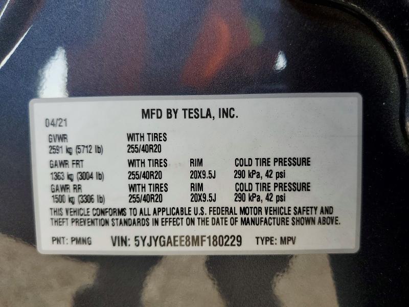 64674826 :رقم المزاد ، 5YJYGAEE8MF180229 vin ، 2021 Tesla Model Y مزاد بيع