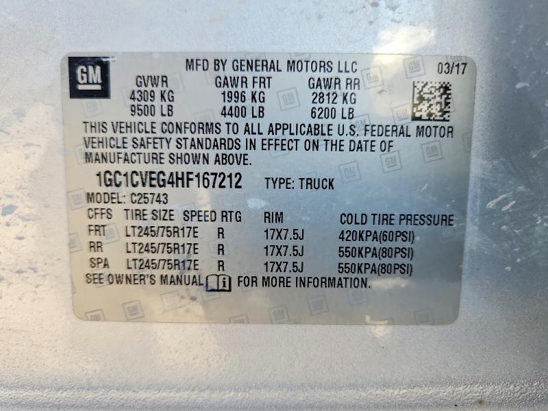 2017 Chevrolet Silverado მანქანა იყიდება აუქციონზე, vin: 1GC1CVEG4HF167212, აუქციონის ნომერი: 67072886