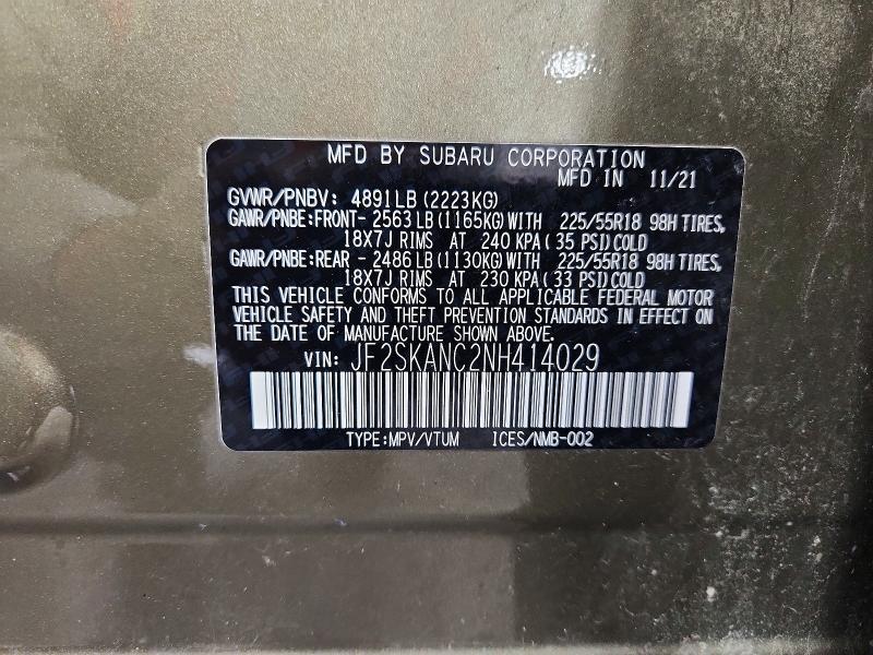 2022 Subaru Forester მანქანა იყიდება აუქციონზე, vin: JF2SKANC2NH414029, აუქციონის ნომერი: 65406126