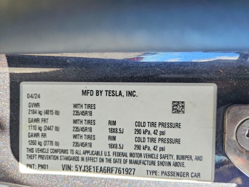 66596346 :رقم المزاد ، 5YJ3E1EA6RF761927 vin ، 2024 Tesla Model 3 مزاد بيع