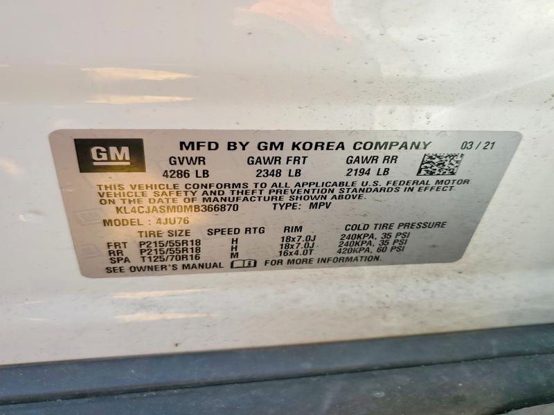 2021 Buick Encore მანქანა იყიდება აუქციონზე, vin: KL4CJASM0MB366870, აუქციონის ნომერი: 65357136