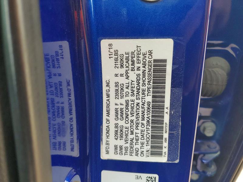 Aukcja sprzedaży 2019 Honda Accord, vin: 1HGCV1F39KA100649, numer aukcji: 66485256
