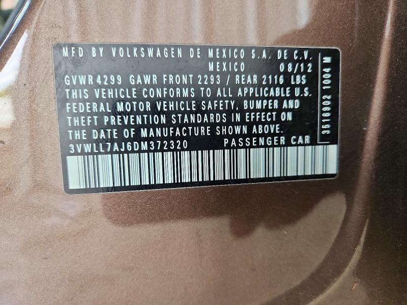 66703906 :رقم المزاد ، 3VWLL7AJ6DM372320 vin ، 2013 Volkswagen Jetta مزاد بيع