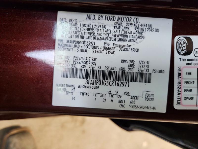 Auction sale of the 2012 Ford Fusion, vin: 3FAHP0JG5CR162971, lot number: 63521076