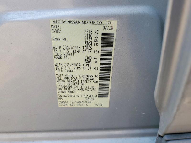 2018 Nissan Murano მანქანა იყიდება აუქციონზე, vin: 5N1AZ2MG4JN137469, აუქციონის ნომერი: 66575096