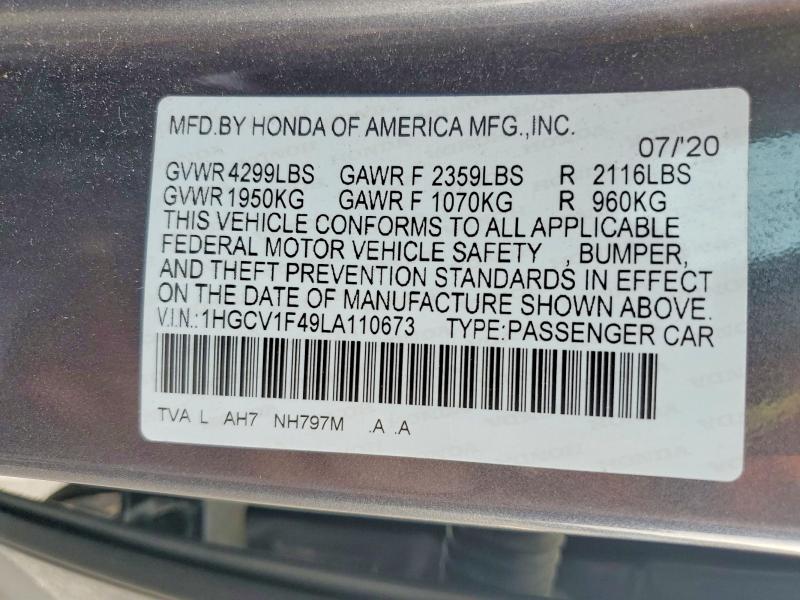 2020 Honda Accord მანქანა იყიდება აუქციონზე, vin: 1HGCV1F49LA110673, აუქციონის ნომერი: 64938656