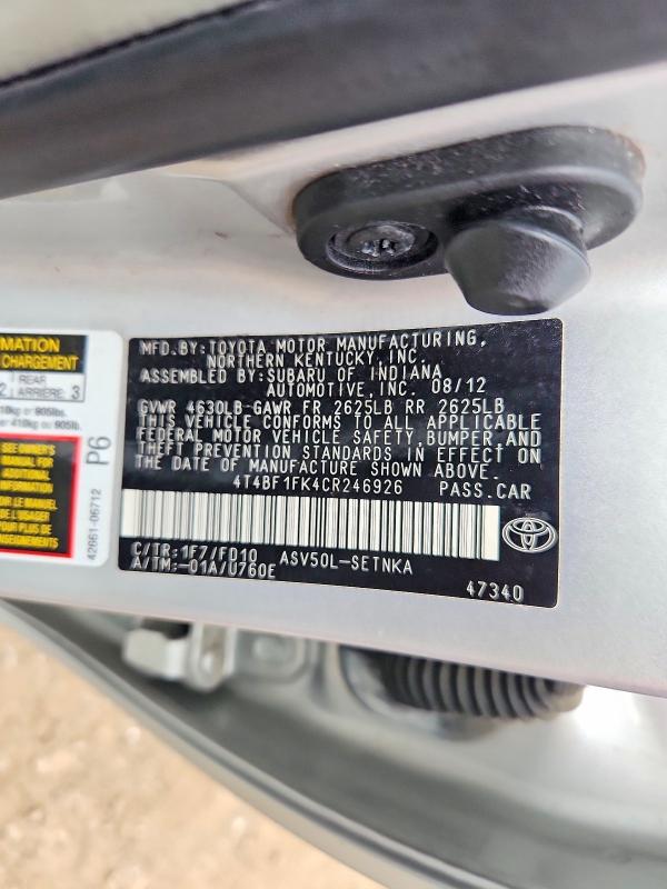 Aukcja sprzedaży 2012 Toyota Camry, vin: 4T4BF1FK4CR246926, numer aukcji: 63448496