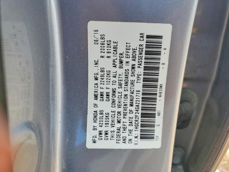 Продажа на аукционе авто 2016 Honda Accord, vin: 1HGCR2F34GA231716, номер лота: 63359976