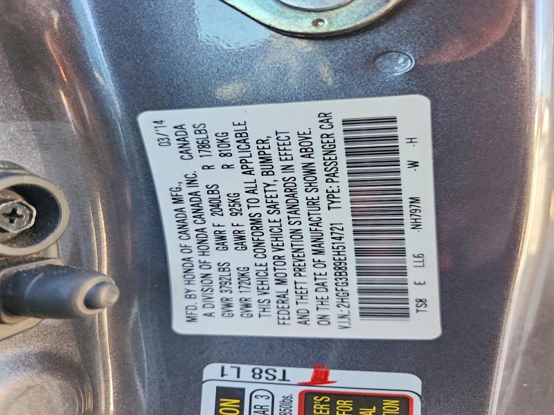 Продаж на аукціоні авто 2014 Honda Civic, vin: 2HGFG3B89EH514721, номер лоту: 65194146