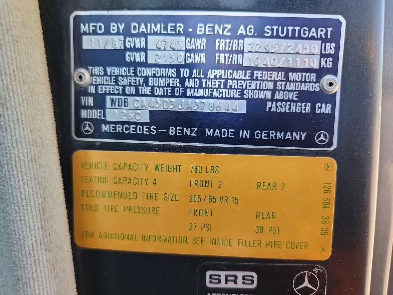 Продаж на аукціоні авто 1988 Mercedes-benz 560, vin: WDBCA45D3JA378644, номер лоту: 64628636
