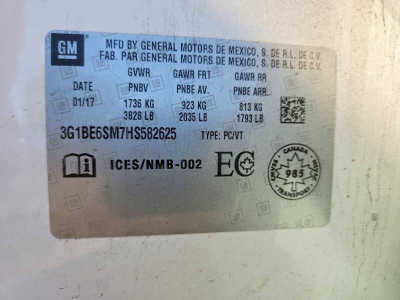 66799366 :رقم المزاد ، 3G1BE6SM7HS582625 vin ، 2017 Chevrolet Cruze مزاد بيع