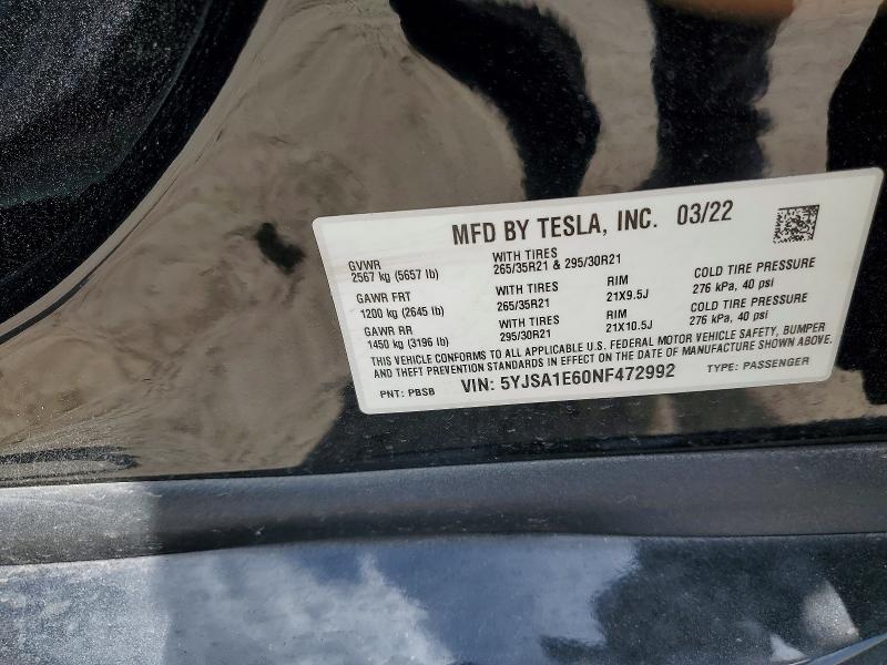 2022 Tesla Mdl 3 Pf მანქანა იყიდება აუქციონზე, vin: 5YJSA1E60NF472992, აუქციონის ნომერი: 64956816