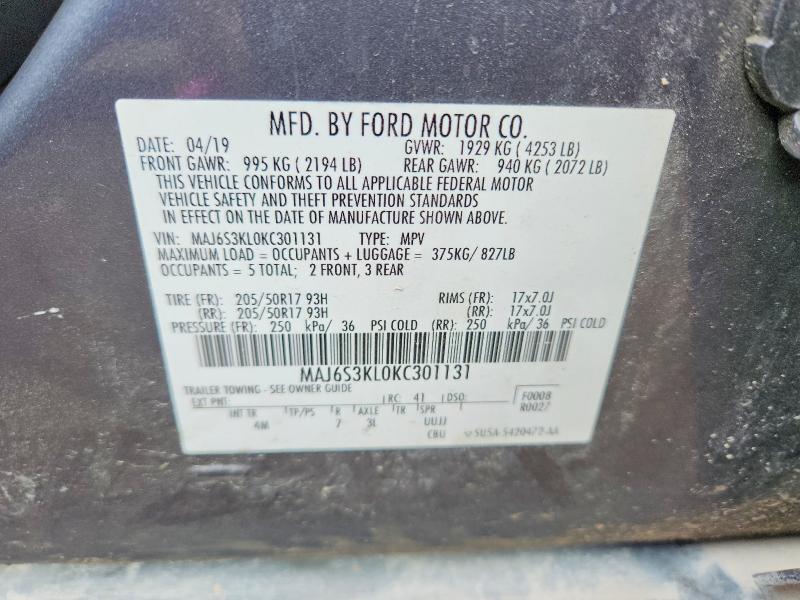 64938686 :رقم المزاد ، MAJ6S3KL0KC301131 vin ، 2019 Ford Ecosport مزاد بيع