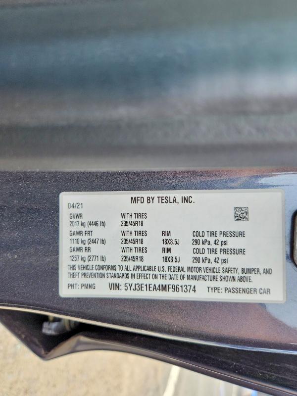 66274856 :رقم المزاد ، 5YJ3E1EA4MF961374 vin ، 2021 Tesla Model 3 مزاد بيع