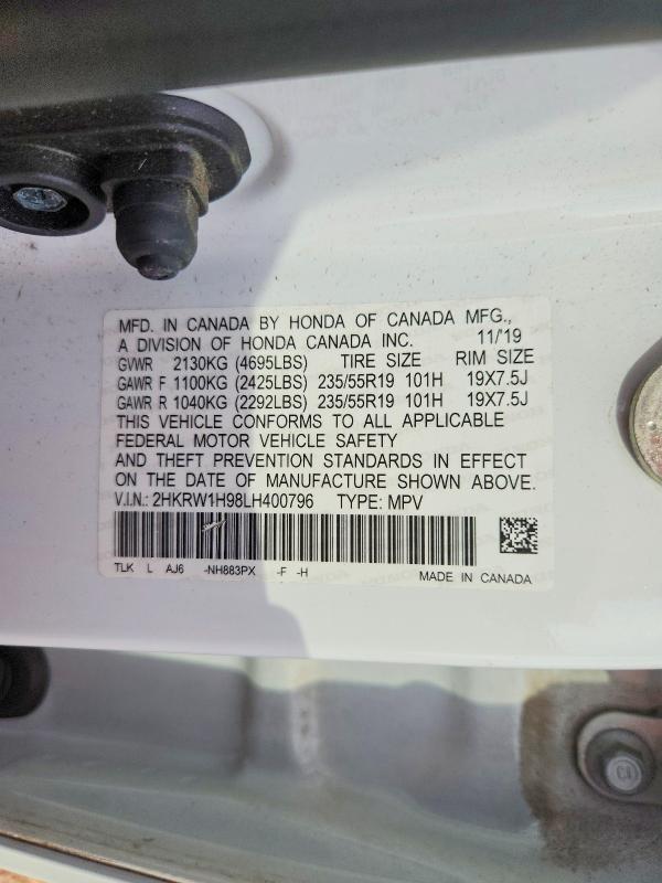 2020 Honda Cr-v მანქანა იყიდება აუქციონზე, vin: 2HKRW1H98LH400796, აუქციონის ნომერი: 65829756