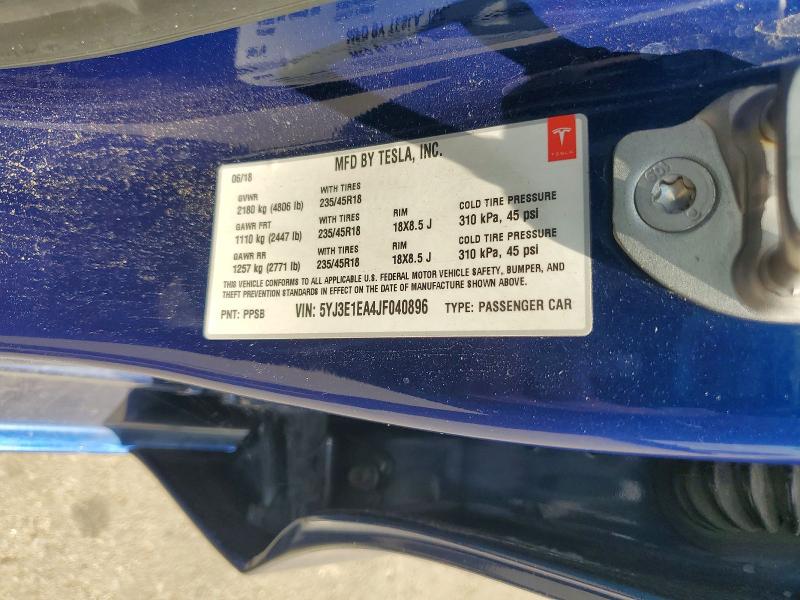 2018 Tesla Model 3 მანქანა იყიდება აუქციონზე, vin: 5YJ3E1EA4JF040896, აუქციონის ნომერი: 67265416