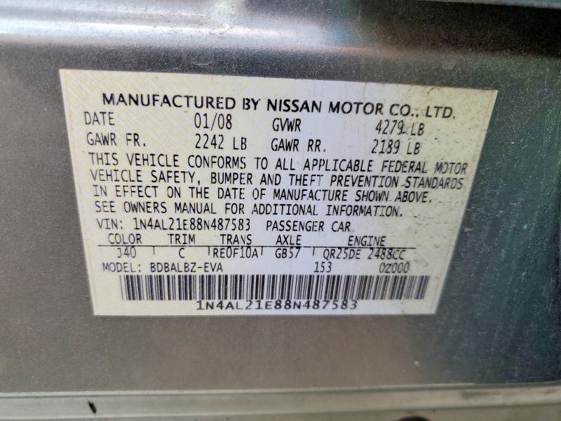 2008 Nissan Altima მანქანა იყიდება აუქციონზე, vin: 1N4AL21E88N487583, აუქციონის ნომერი: 66216506