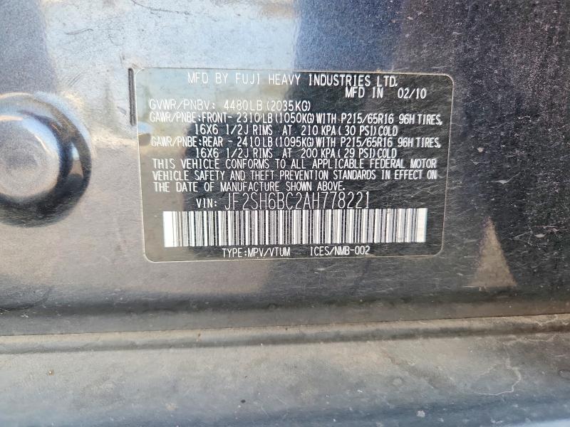 Продаж на аукціоні авто 2010 Subaru Forester, vin: JF2SH6BC2AH778221, номер лоту: 67373136