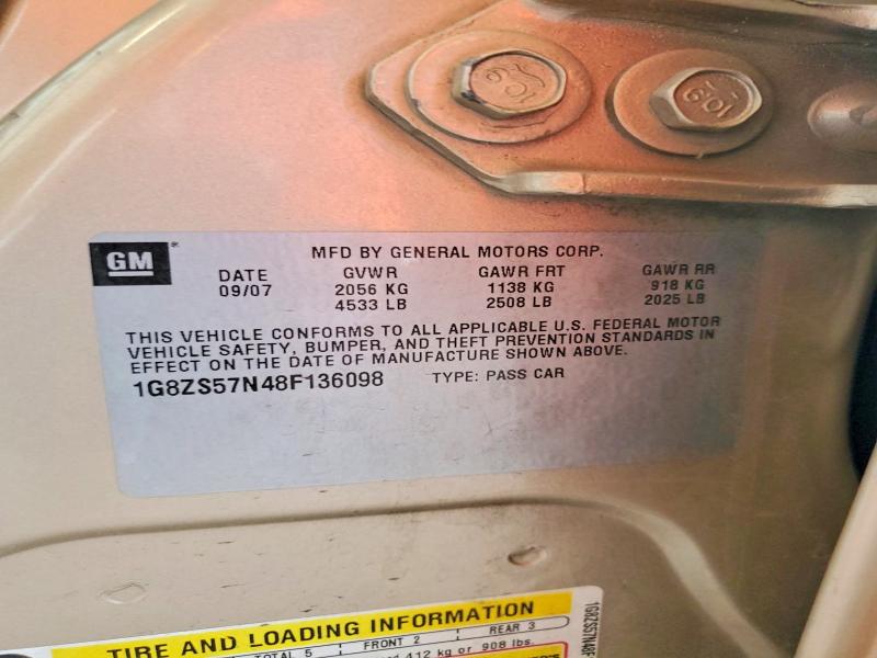 66254016 :رقم المزاد ، 1G8ZS57N48F136098 vin ، 2008 Saturn Aura مزاد بيع