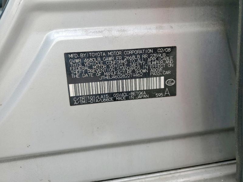 62278746 :رقم المزاد ، JTHBJ46G282219462 vin ، 2008 Lexus Es مزاد بيع