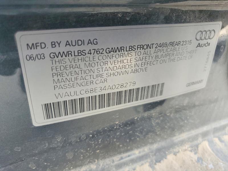 Продаж на аукціоні авто 2004 Audi A4, vin: WAULC68E34A028279, номер лоту: 63682396