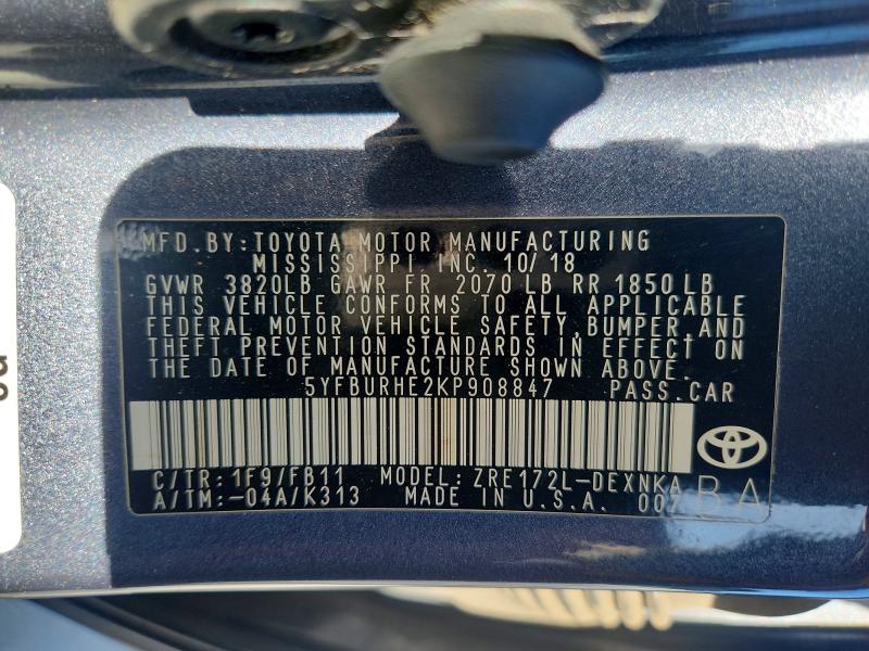 64995306 :رقم المزاد ، 5YFBURHE2KP908847 vin ، 2019 Toyota Corolla مزاد بيع