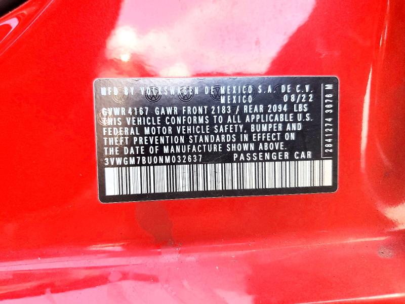 64927626 :رقم المزاد ، 3VWGM7BU0NM032637 vin ، 2022 Volkswagen Jetta مزاد بيع