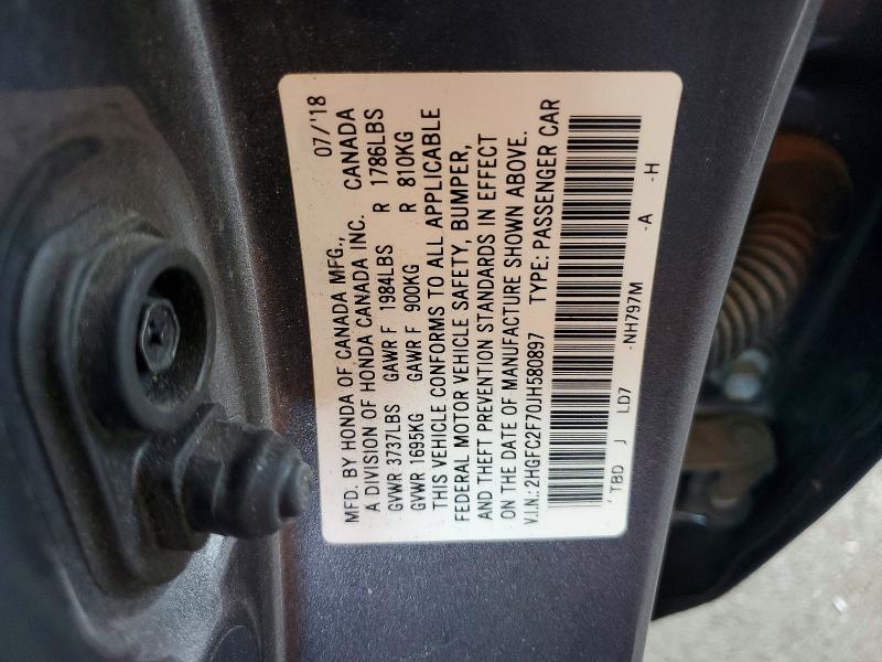 Продажа на аукционе авто 2018 Honda Civic, vin: 2HGFC2F70JH580897, номер лота: 66293586