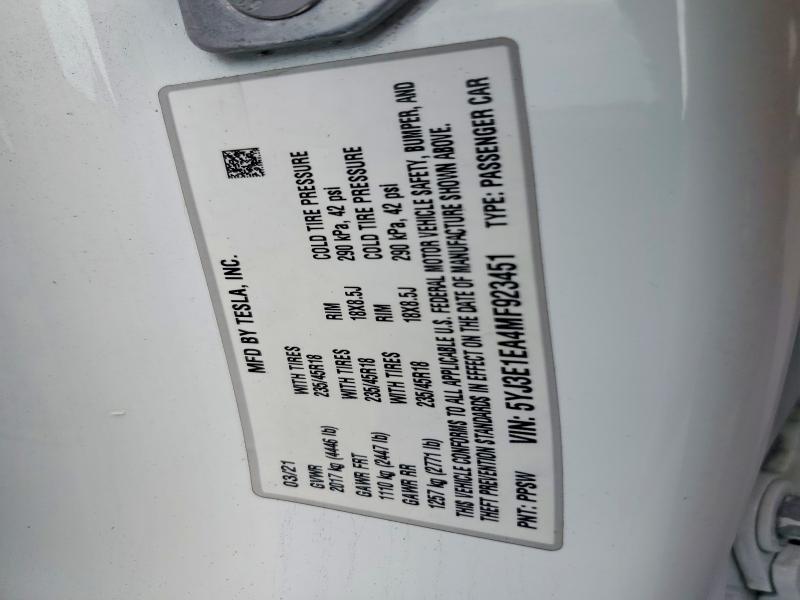 Aukcja sprzedaży 2021 Tesla Model 3, vin: 5YJ3E1EA4MF923451, numer aukcji: 64531856
