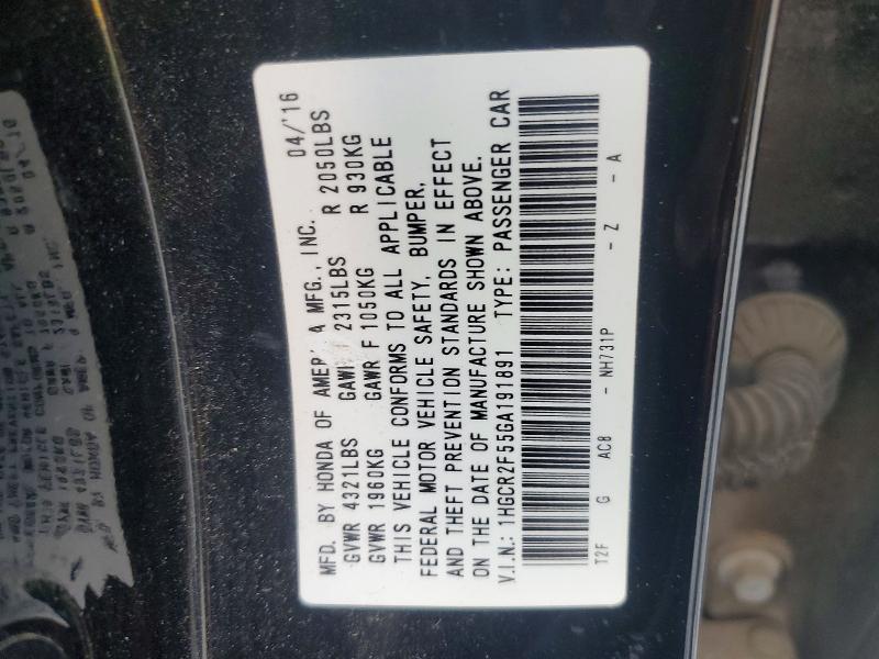 Продаж на аукціоні авто 2016 Honda Accord, vin: 1HGCR2F55GA191891, номер лоту: 63827556