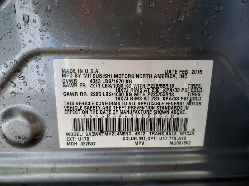 2015 Mitsubishi Outlander Sport მანქანა იყიდება აუქციონზე, vin: 4A4AR3AW3FE026403, აუქციონის ნომერი: 64299136